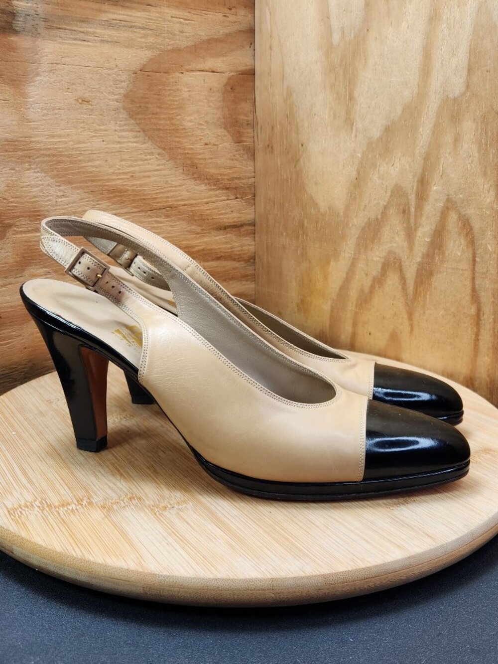 Salvatore Ferragamo Beige and Black Leather Slingback Pumps narrow